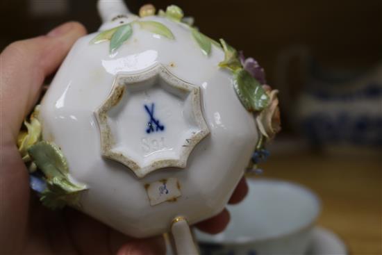 A Meissen floral encrusted cup and saucer, a similar teapot, a Chinese teabowl, two jugs and a scent bottle